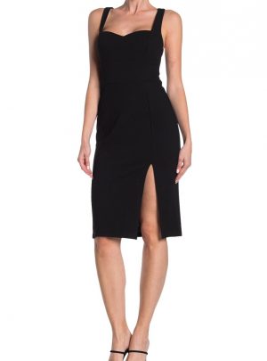 Front Slit Bodycon Midi Dress – Black